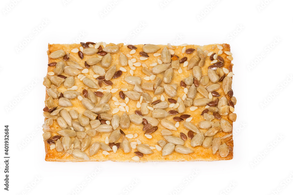 Flat cookie with different seeds on white background, top view Flat cookie with different seeds on white background, top view