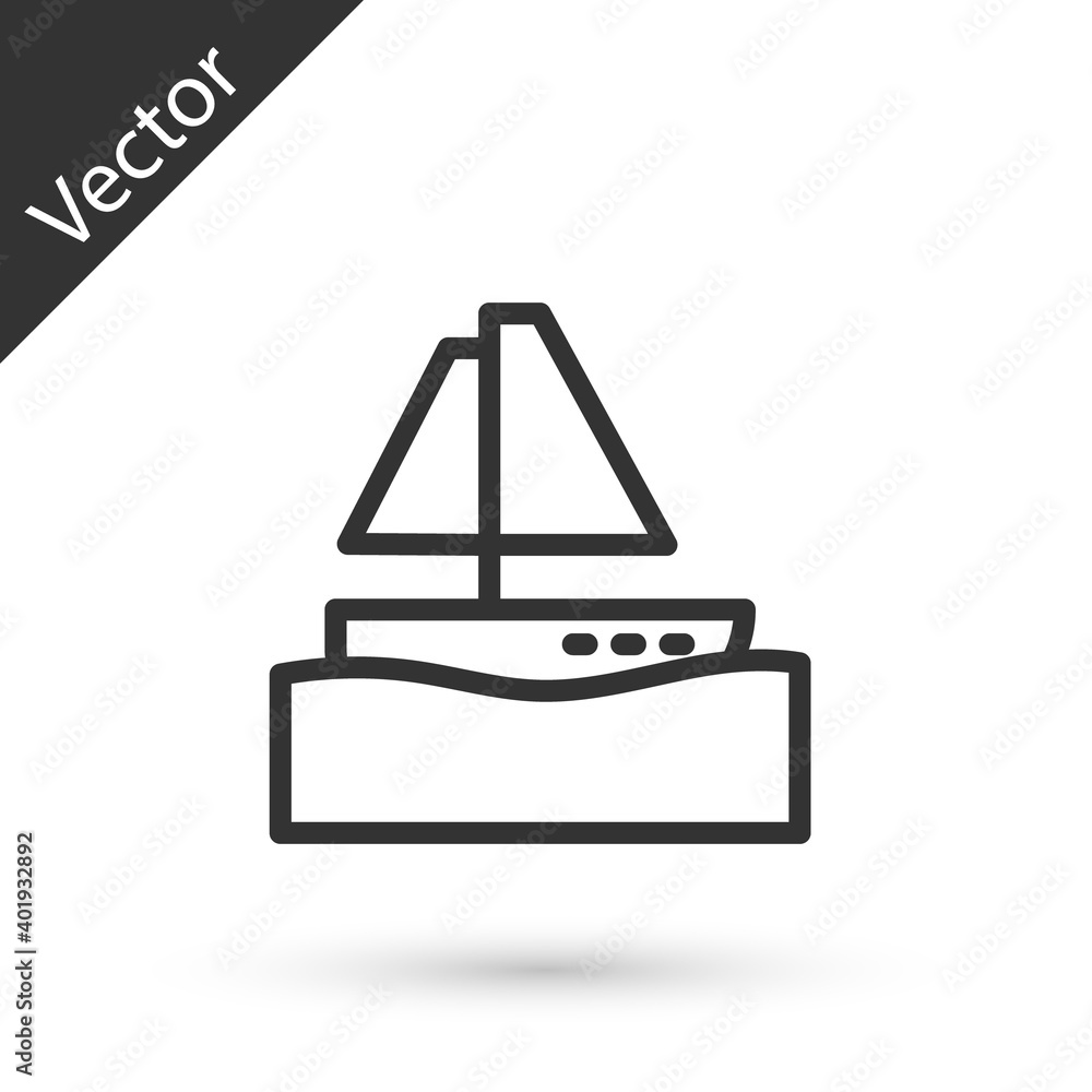 Grey line Yacht sailboat or sailing ship icon isolated on white background. Sail boat marine cruise travel. Vector. Grey line Yacht sailboat or sailing ship icon isolated on white background. Sail boat marine cruise travel. Vector.
