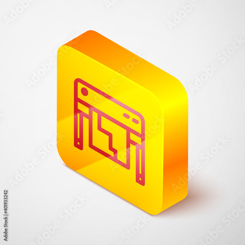 Isometric line Plotter icon isolated on grey background. Large format multifunction printer. Polygraphy, printshop service. Yellow square button. Vector.