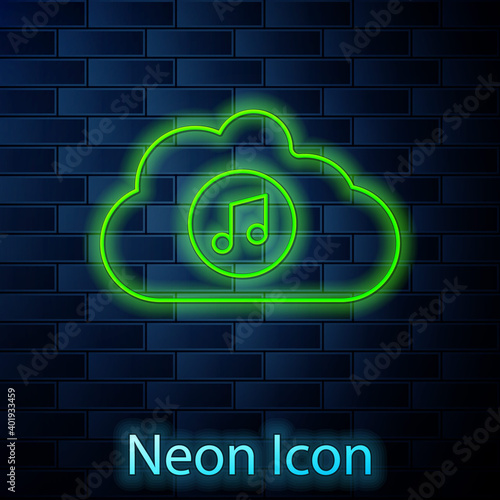 Glowing neon line Music streaming service icon isolated on brick wall background. Sound cloud computing, online media streaming, song, audio wave. Vector.