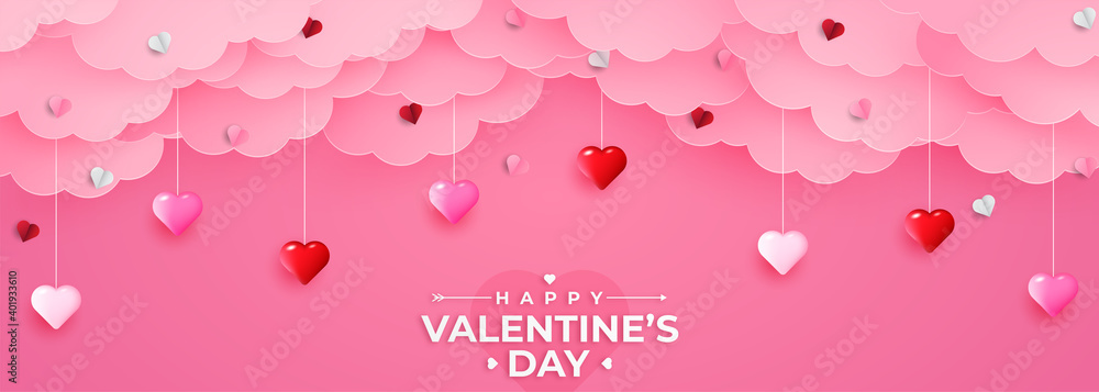 Happy Valentine's day paper cut card. Glittering hearts and clouds with place for text