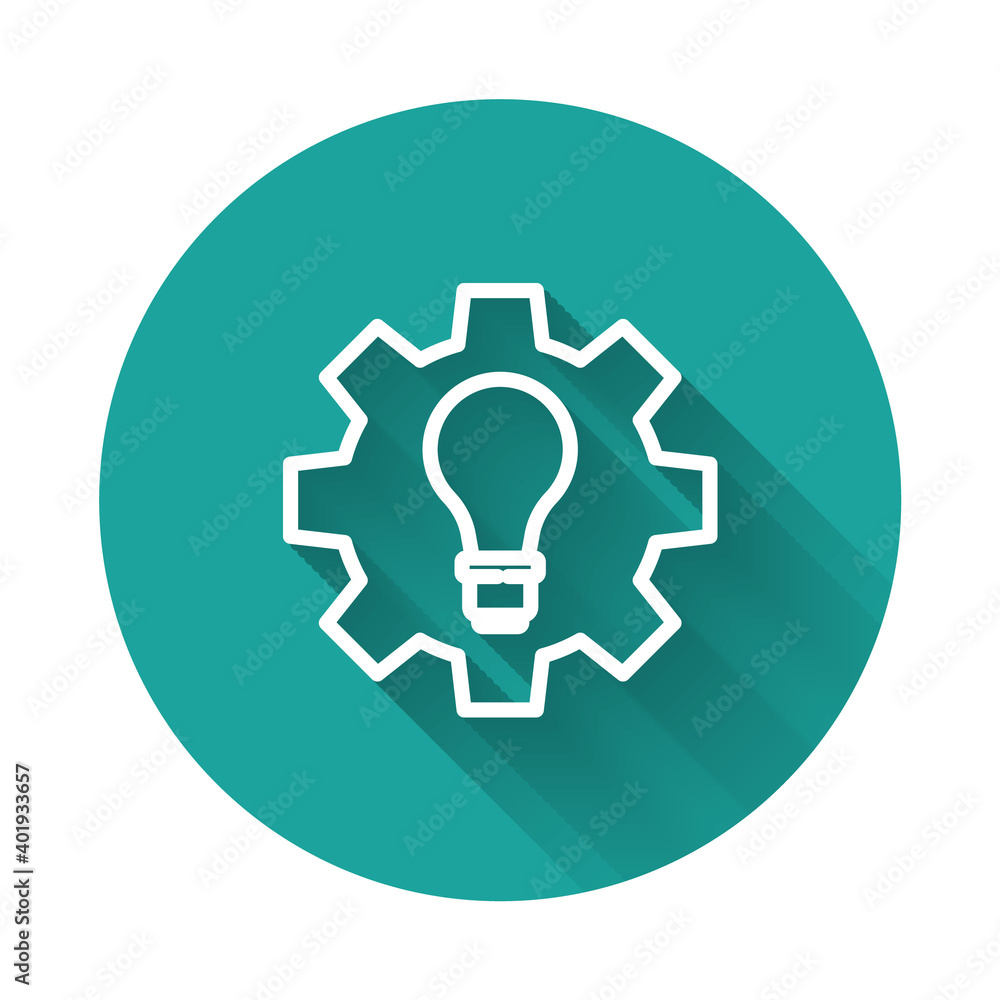 White line Light bulb and gear icon isolated with long shadow. Innovation concept. Business idea. Green circle button. Vector. White line Light bulb and gear icon isolated with long shadow. Innovation concept. Business idea. Green circle button. Vector.