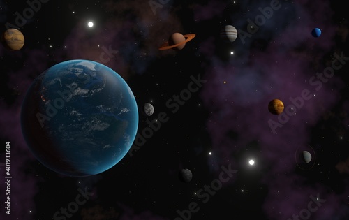 星雲が美しい宇宙に浮かぶ太陽系の惑星