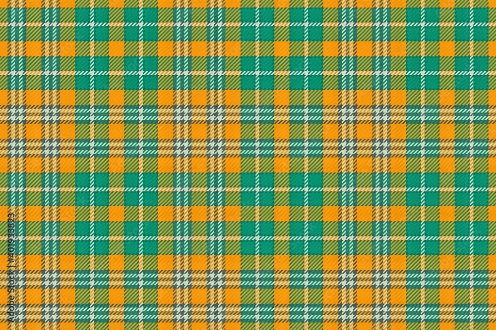 Fototapeta premium irish green color stripes on orange field fabric texture of traditional checkered tartan repeatable ornament for plaid, tablecloths, shirts, gingham, clothes, dresses, bedding