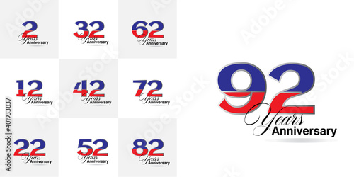 set 2, 12, 22, 32, 42, 52, 62, 72, 82, 92 Year Anniversary celebration Vector Template Design Illustration