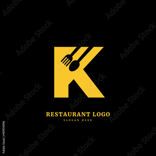 Initial letter K with spoon and fork for restaurant concept. letter K logo, fit for company and culinary business.