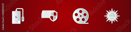 Set Power bank, Money protection, Film reel and UV icon. Vector.