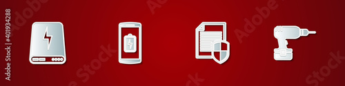 Set Power bank, Smartphone battery charge, Document protection and Drill machine icon. Vector.
