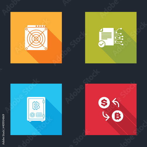 Set ASIC Miner, Smart contract, Proof of stake and Cryptocurrency exchange icon. Vector.