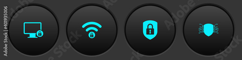 Set Lock on monitor, Wifi locked, Shield security with and Cyber icon. Vector.