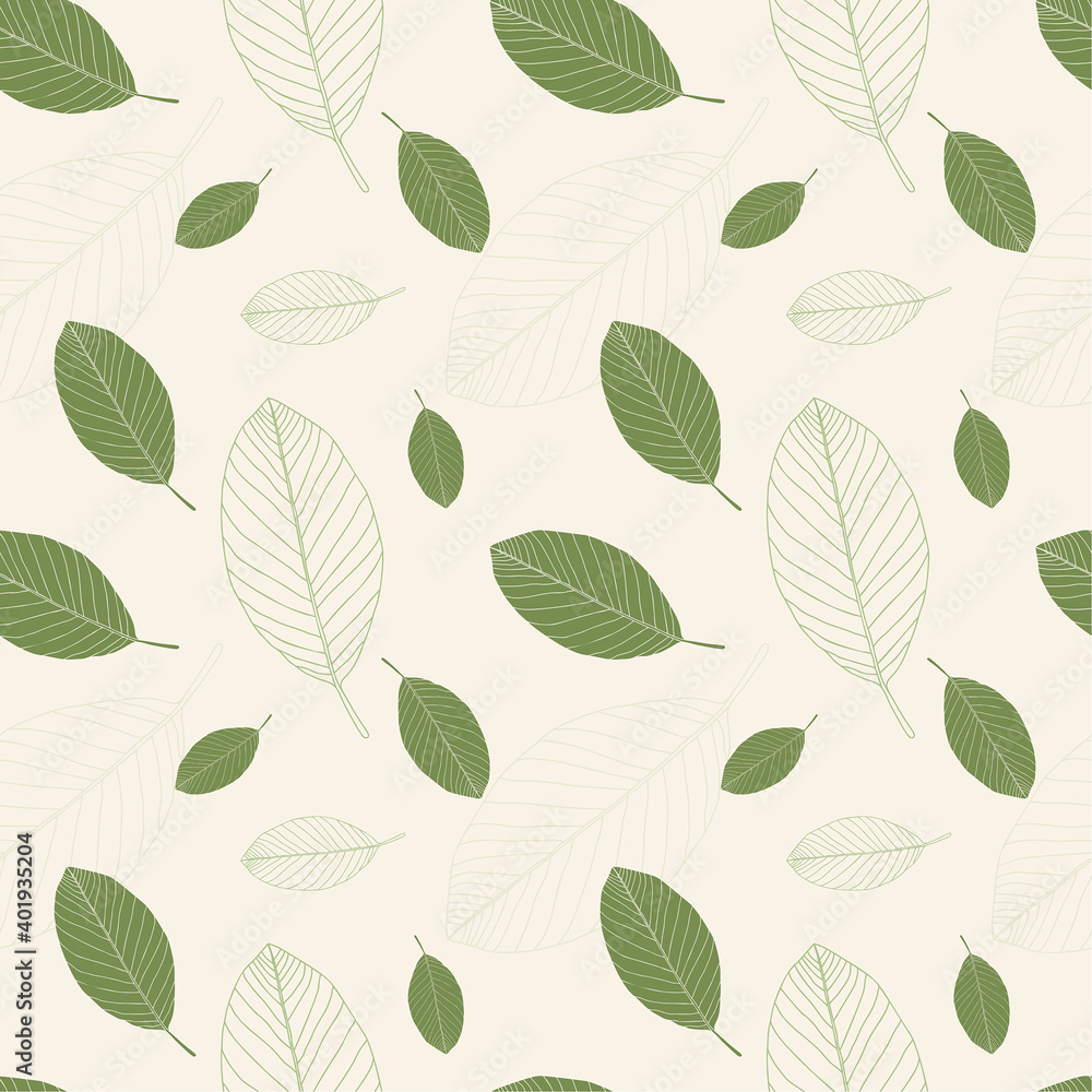 Vector seamless pattern. Stylish floral background with hand drawn green leaves. Texture in pastel colors.