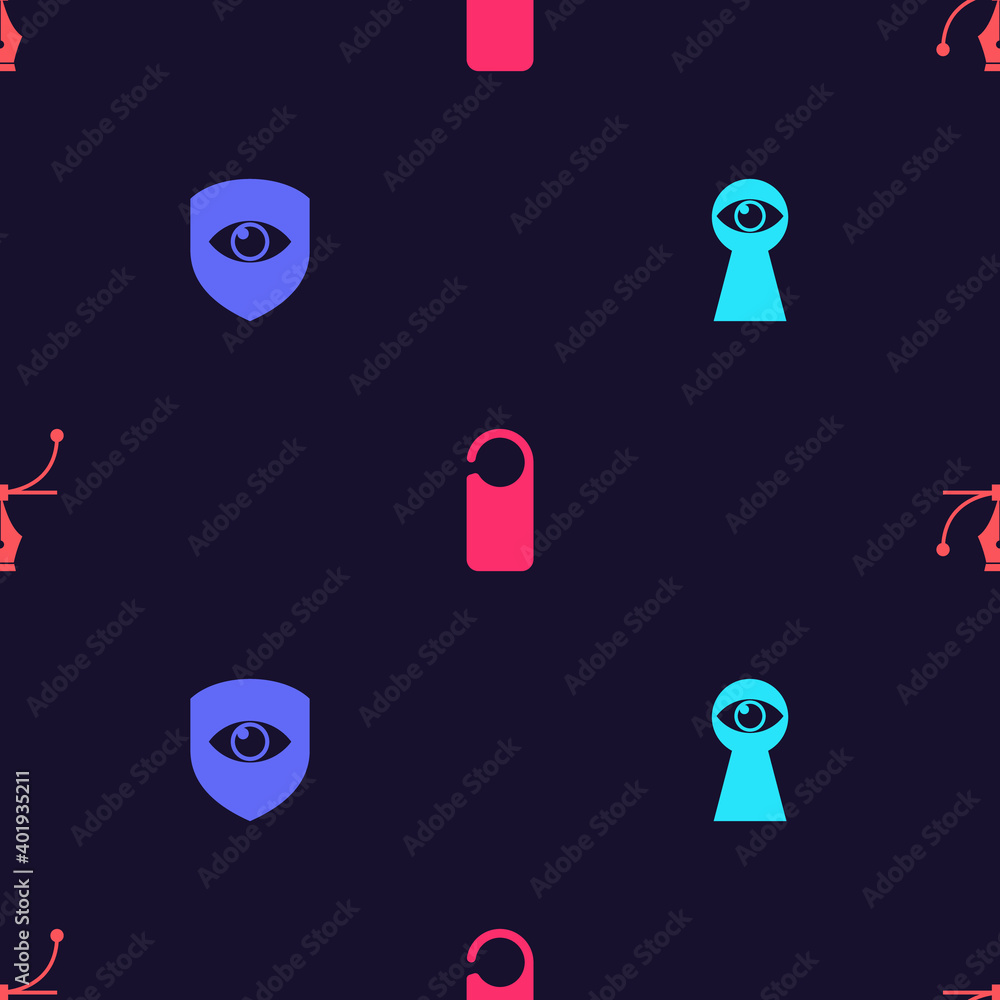 Set Keyhole with eye, Shield and, Please do not disturb and Bezier curve on seamless pattern. Vector. Set Keyhole with eye, Shield and, Please do not disturb and Bezier curve on seamless pattern. Vector.