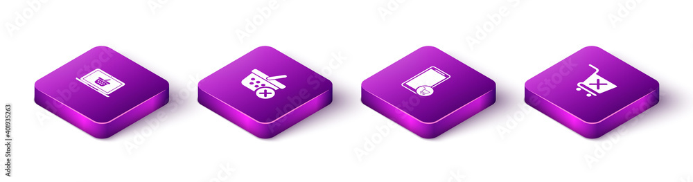 Set Isometric Shopping basket on laptop, Remove shopping, Mobile and cart and icon. Vector. Set Isometric Shopping basket on laptop, Remove shopping, Mobile and cart and icon. Vector.