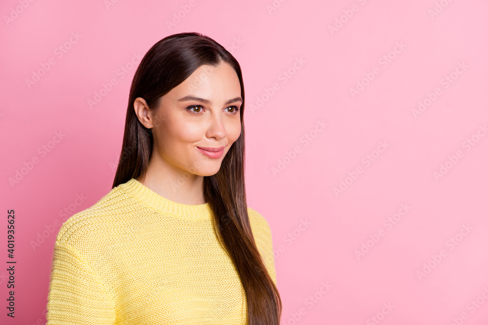 Fototapeta premium Photo of pretty shiny young lady wear casual yellow outfit looking empty space isolated pastel pink color background
