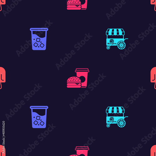 Set Fast street food cart, Glass with water, Coffee and burger and Ice cream on seamless pattern. Vector.