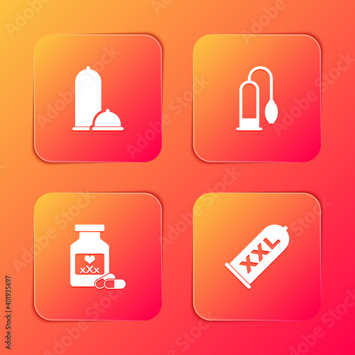 Set Condoms safe sex, Penis pump, Bottle with pills for potency and icon. Vector.