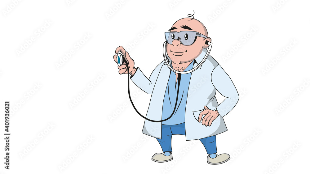 Cartoon doctor with stethoscope on white background illustration.
