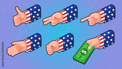 Isometric Illustration, Set of Gestures Hands with american flag