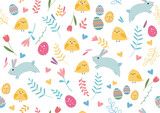 Seamless colorful pattern with Easter and spring elements: rabbits, flowers, chiks, birds, eggs