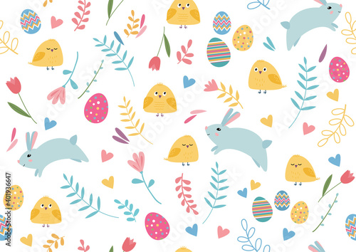 Seamless colorful pattern with Easter and spring elements: rabbits, flowers, chiks, birds, eggs