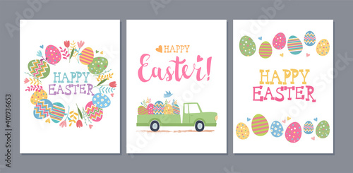 Set of Easter greeting cards with cute pickup truck and big colorful traditio...