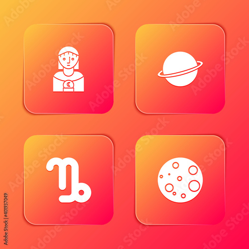 Set Astrology woman, Planet Saturn, Capricorn zodiac and Moon icon. Vector.