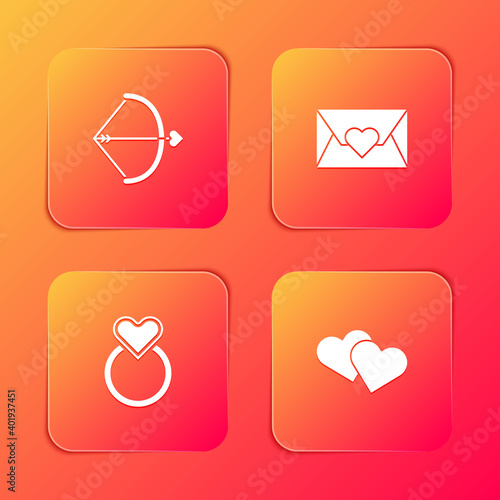 Set Bow and arrow, Envelope with Valentine heart, Wedding rings and Heart icon. Vector.