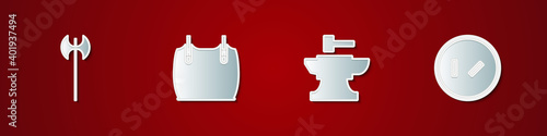 Set Medieval axe, Body armor, Anvil for blacksmithing hammer and Round wooden shield icon. Vector.