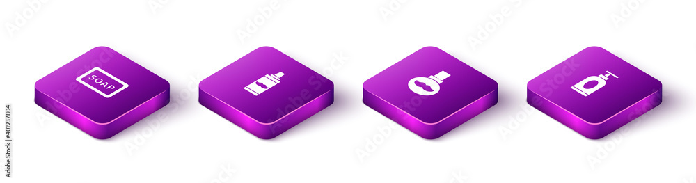 Set Isometric Bar of soap with foam, Shaving gel, Beard and mustaches care oil bottle and Cream or lotion cosmetic tube icon. Vector. Set Isometric Bar of soap with foam, Shaving gel, Beard and mustaches care oil bottle and Cream or lotion cosmetic tube icon. Vector.