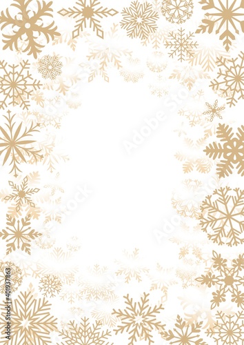 Goldener frostiger Schneeflocken Rahmen auf einem weissen Hintergrund.