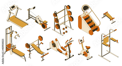 Gym and fitness club equipment collection. Isometric set of training apparatus