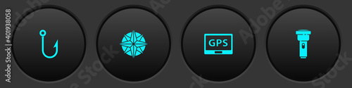 Set Fishing hook, Wind rose, Gps device with map and Flashlight icon. Vector.