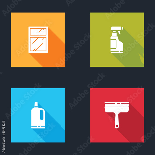 Set Cleaning service for windows, Spray bottle with detergent liquid, Fabric softener and Rubber cleaner icon. Vector.