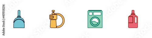 Set Dustpan, Dishwashing liquid bottle and plate, Washer and Fabric softener icon. Vector.