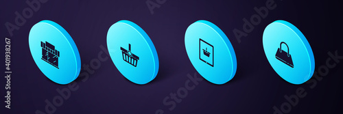 Set Isometric Handbag, Shopping basket on tablet, and building or market store icon. Vector.