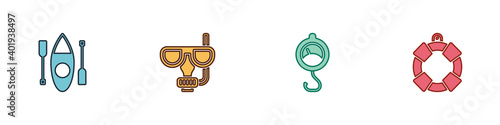 Set Kayak or canoe, Diving mask and snorkel, Spring scale and Lifebuoy icon. Vector.