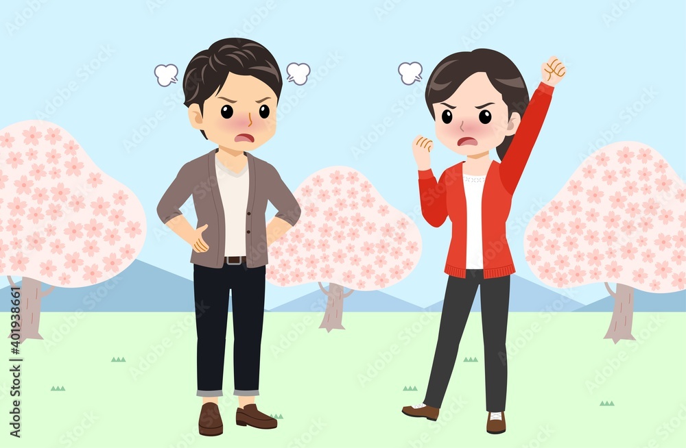 Young men and women in front of Sakura in spring Young men and women in front of Sakura in spring
