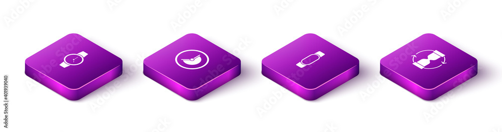 Set Isometric Wrist watch, Clock, Smartwatch and Old hourglass icon. Vector. Set Isometric Wrist watch, Clock, Smartwatch and Old hourglass icon. Vector.