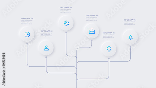 Neumorphic circle elements for infographic. Template for diagram, graph, presentation and chart. Skeuomorph concept with 6 options, parts, steps or processes
