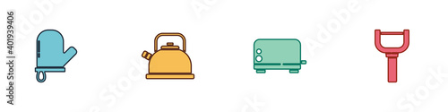Set Oven glove, Kettle with handle, Toaster and Peeler icon. Vector.