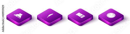 Set Isometric Kitchen extractor fan, Knife, Microwave oven and Cutting board icon. Vector.