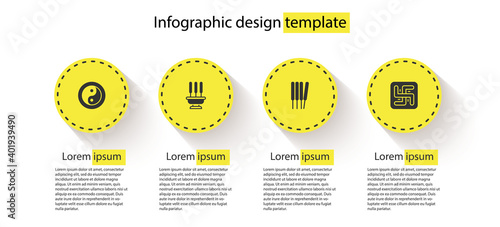 Set Yin Yang, Incense sticks, Aroma sticks, incense and Hindu swastika. Business infographic template. Vector.