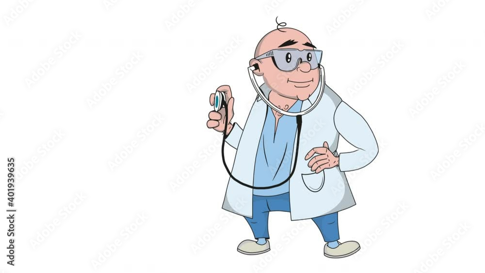 Cartoon doctor with stethoscope on white background in 4k video. Cartoon doctor with stethoscope on white background in 4k video.