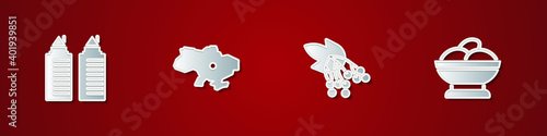 Set Two towers in Dnipro, Map of Ukraine, Branch viburnum and Varenyky bowl icon. Vector.
