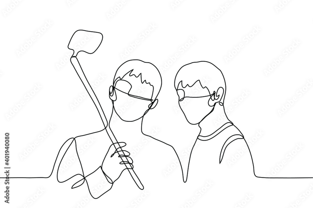 two guys in masks take a selfie on a smartphone. one line of pictures two male friends posing and taking pictures of themselves, one of them holding a selfie stick with a phone
