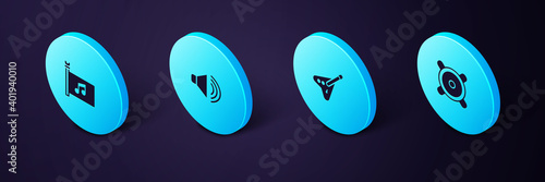 Set Isometric Stereo speaker, Electric bass guitar, Speaker volume and Music festival flag icon. Vector.