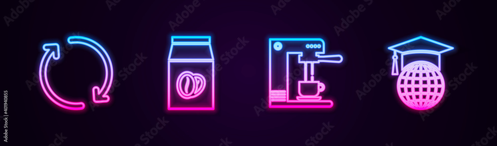 Set line Refresh, Coffee beans in bag, machine and cup and Graduation cap on globe. Glowing neon icon. Vector. Set line Refresh, Coffee beans in bag, machine and cup and Graduation cap on globe. Glowing neon icon. Vector.