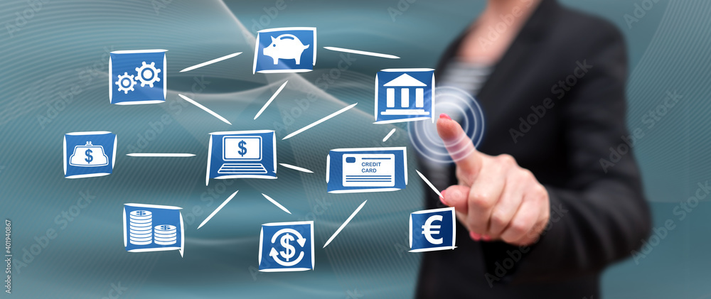 Woman touching an online banking concept Woman touching an online banking concept