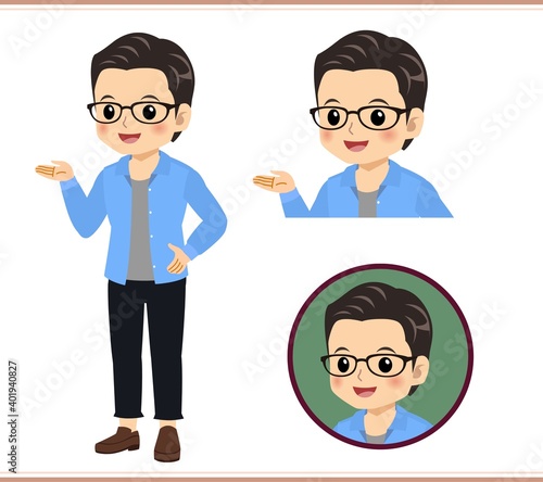 Young man with glasses dressed in blue