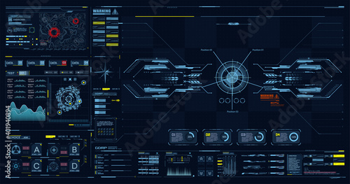 Advance HUD control center. Graphic Dashboard Head-up display and Futuristic User Interface GUI, UI. FUI. Virtual reality game screen interface template, mockup. Spyware app for tracking GPS. Vector